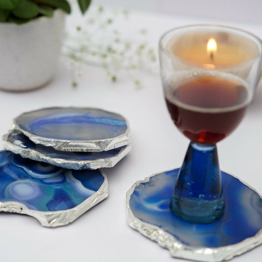 Silver Plated Brazilian Agate Coaster Fit for Tea Cups Coffee Mugs and Glasses Perfect Table Accessories Tableware - Set of 4