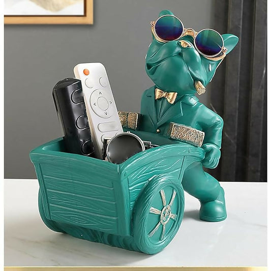 Carrying Cart Bulldog Sculpture with Holding Storage for Home Decor Antique Figurine | Table Top and Desktop Candy Organizer | Good for Storing Keys Watch Phone Remote