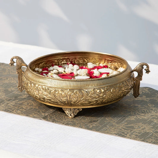 Traditional Peacock Brass Urli Bowl | Large Decorative Bowl for Flowers