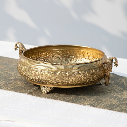 Traditional Peacock Brass Urli Bowl | Large Decorative Bowl for Flowers