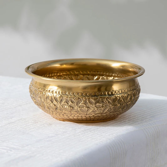 Floral pattern brass urli bowl with gold finish