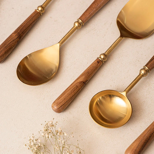 Gold Cutlery set with wooden handle grip