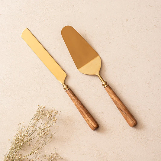 Earthy Luxe Cake Knife and Server Set | Gold Pizza Server | Cake Knife Cake Server Set (2pcs)