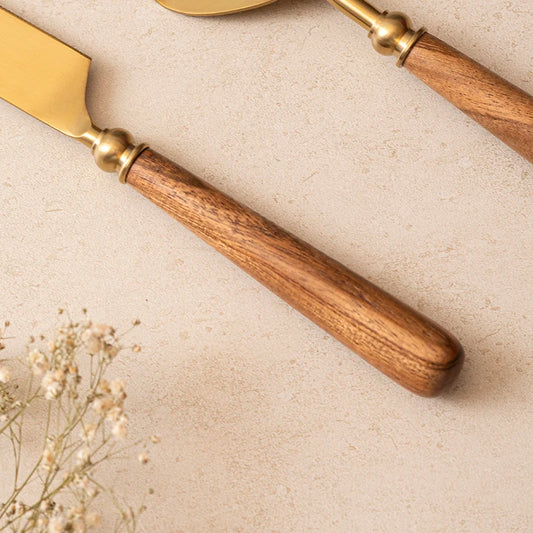 Cake knife and server set with wooden handle