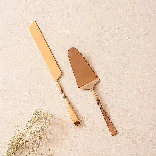 Twisted Bronze Cake Knife and Server Set | Stainless Steel Pizza Knife Pie Server Set (2pcs)