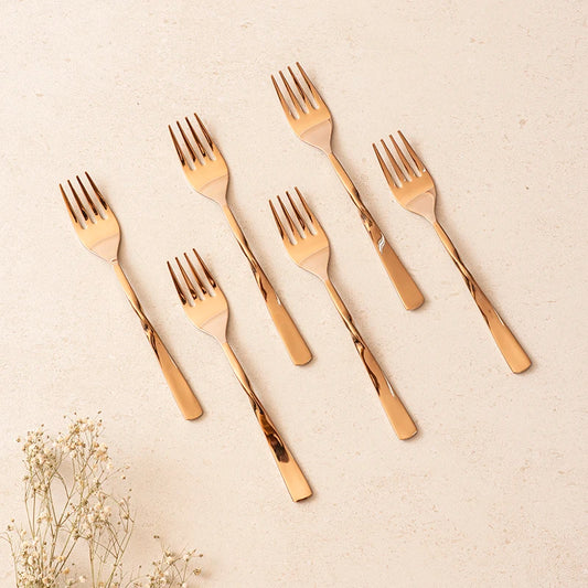 Twisted Bronze All Purpose Forks Set of 6 | Stainless Steel Kitchen Cutlery Set 6 pcs