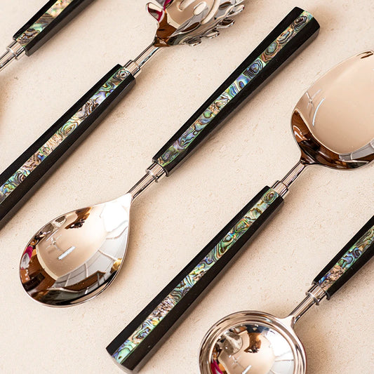 Serving Spoon set with abalone shell inlay grip