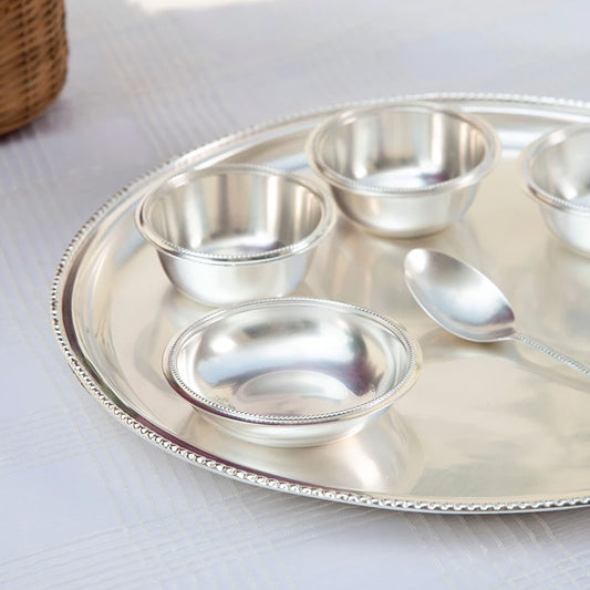 Silver Thali Set of 8 | Silver Brass Dinner Set (1 thaali, 1 spoon, 1 flat bowl, 4 bowls / katori, 1 glass)