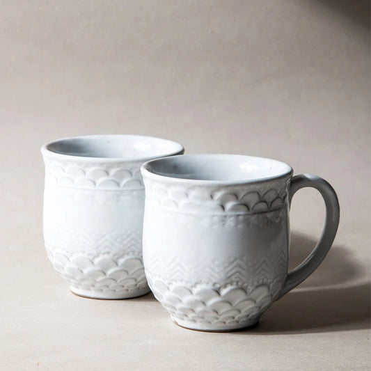White Etched Ceramic Coffee Mug Set of 2