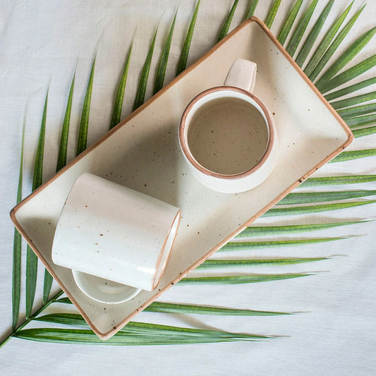 Rann White Coffee Mugs with Ceramic Tray (3 pieces)