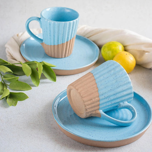 Malé Tea Ceramic Mug with Snacks Plate | Cup and Saucer Set of 4 (2 Cups, 2 Saucer Tray)