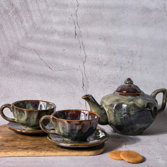 Jaén Tea Set - 2 Cup Saucers, 1 Kettle | Ceramic Cup and Saucer Set with Teapot