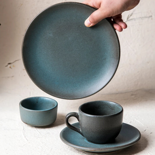 Dove Blue Snacking Set | Ceramic Tea Cup and Saucer with Quarter Plate and Pinch Bowl