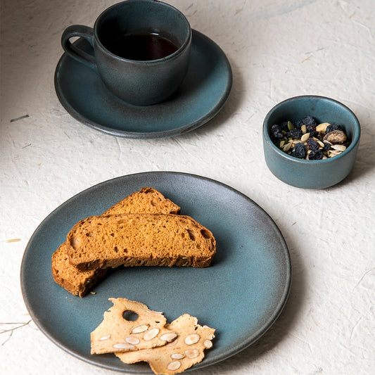 Dove Blue Snacking Set | Ceramic Tea Cup and Saucer with Quarter Plate and Pinch Bowl
