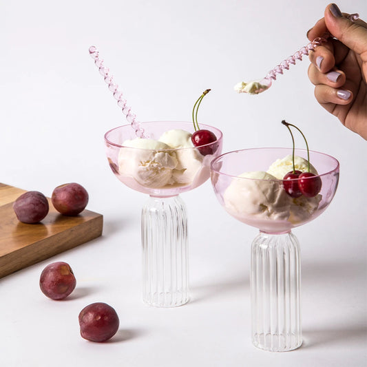 glass bowl for ice cream with spoons