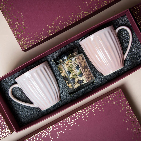 Blush Ceramic Mugs & Trail Mix Gift Box (3 pieces) | Designer Coffee Mugs for Gifts