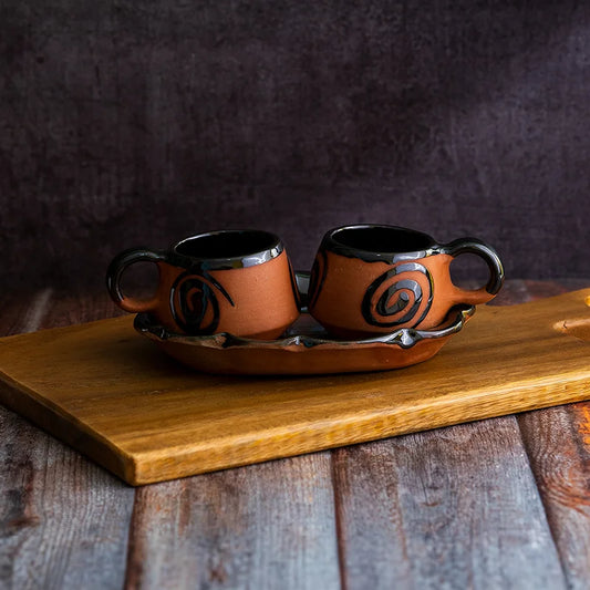 Terracotta Tea Cup Set with Tray | Terracotta Cup of Mornings Set of 3