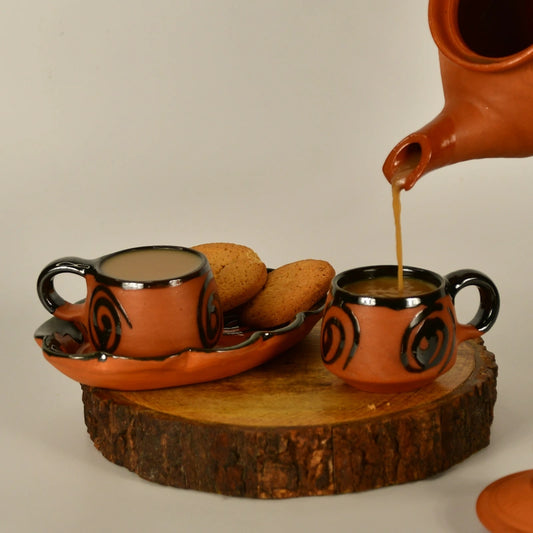 Terracotta Tea Cup Set with Tray | Terracotta Cup of Mornings Set of 3