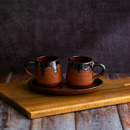 Terracotta Tea Cup of Mornings Set of 3 | Terracotta Clay Tea Cup Plate Set