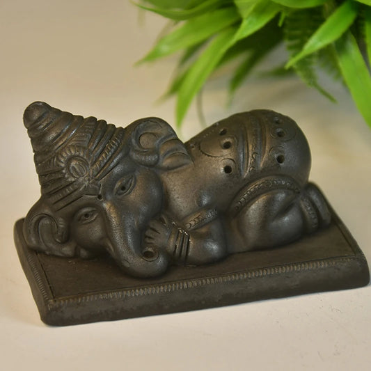 Exotically Designed Resting Ganesh Murti | Eco Friendly Ganesha Idol | Black Terracotta Showpiece