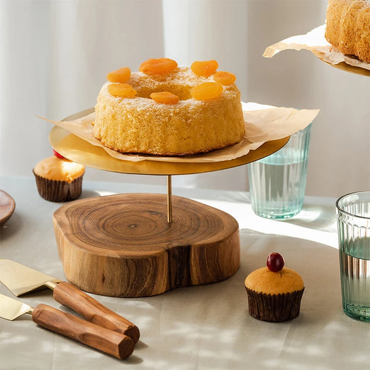 Wood & Brass Cake Stand, Cake Knife & Server Set