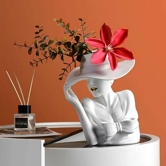 Lady Hat Handmade Ceramic Flower Decorative Vase | Elegant Flower Woman Indoor Vase for Office Home Living Room White Color (Flower Not Include)