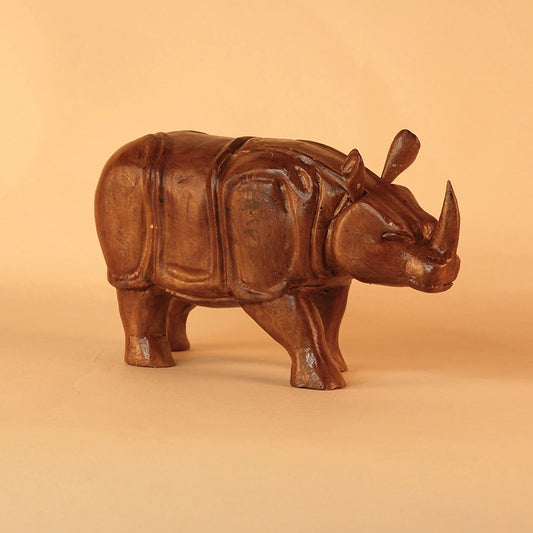 Artistic Wooden Carved Rhino Sculpture | Wooden Showpiece for Living Room