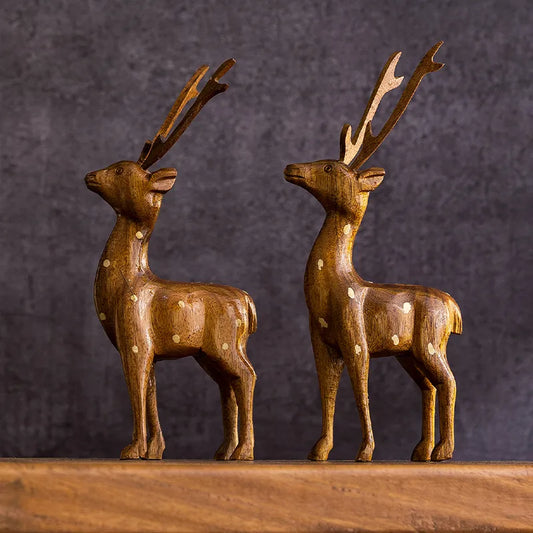 Dearest Little Deer Showpiece | Wooden Home Decor for Living Room (2 PCS)