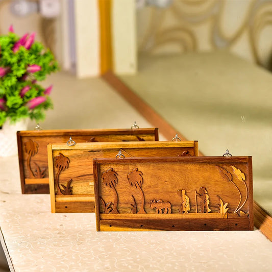 Unique Key Holder for Wall "Sowing the Dreams" | Landscape Farmer Wooden Showpiece