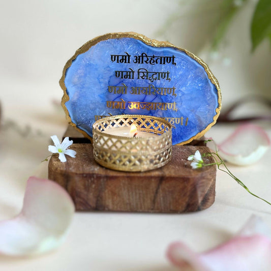 Namokar Mantra Tea Light Holder Agate with Wood Festive Home Décor Light Holder Perfect Decorative Corporate Gift