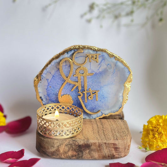 Jai Shree Ram Agate Stone with Wood Stand Religious Home Décor Ideal for Bedroom, Living Room Temple Perfect Gift