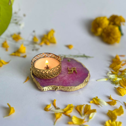 Swastik Tea Light Candle Holder for Home Decoration Agate Candle Holder Diwali Office Décor Festive Gift- set of 2