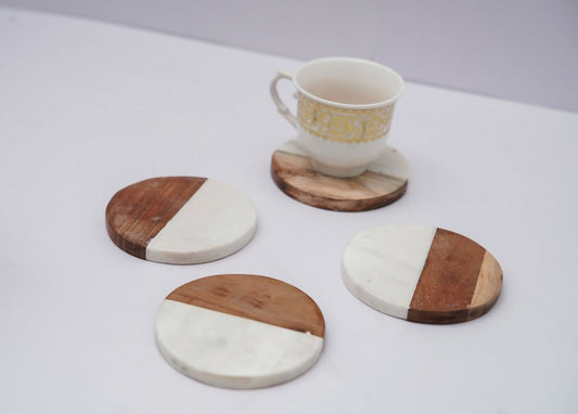 White Marble Wood Coaster for Tea Coffee Cocktail Handmade Marble Coaster for Hot & Cold Drinks for Dining Table Home and Office - Round Set of 4
