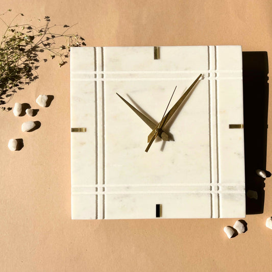 Handcrafted White Marble Square Wall Clock: Luxurious Home Décor Accent