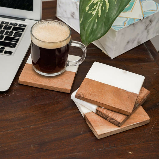 White Marble Wood Coaster for Tea Coffee Cocktail Handmade Marble Coaster for Hot & Cold Drinks for Dining Table Home and Office - Square Set of 4