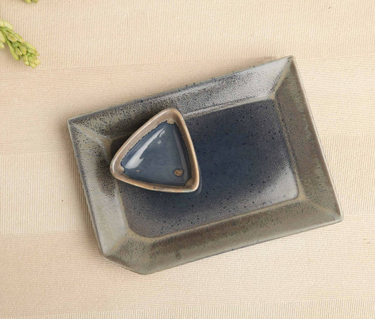 Denim Blue Oblong Ceramic Platter Plate with Dip Bowl (6in x 8.5in)