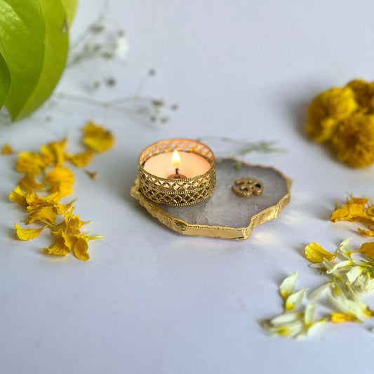 OM Tea Light Candle Holder for Home Decoration Agate Candle Holder Diwali Office Décor Festive Gift- set of 2