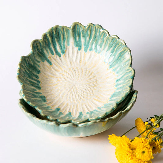 Daisy Ceramic Serving Bowl Set of 2 | Green & White Daisy Flower Bowl