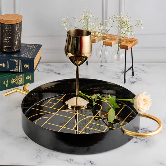 Gatsby Circuit Round Serving Tray | Decorative Tray - Black & Gold