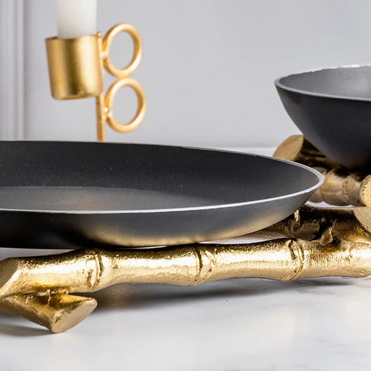 Black Plate with gold finish bamboo stand