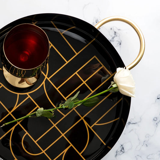 Gatsby Circuit Round Serving Tray | Decorative Tray - Black & Gold