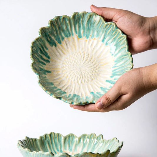 Daisy Ceramic Serving Bowl Set of 2 | Green & White Daisy Flower Bowl