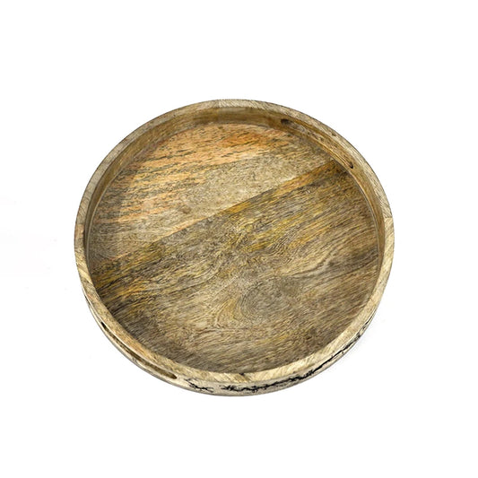 Round Etched Serving Tray with Handles | Mango Wood Tray