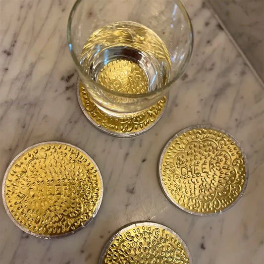 Cheers Hand Beaten Brass Round Coaster for Drinks