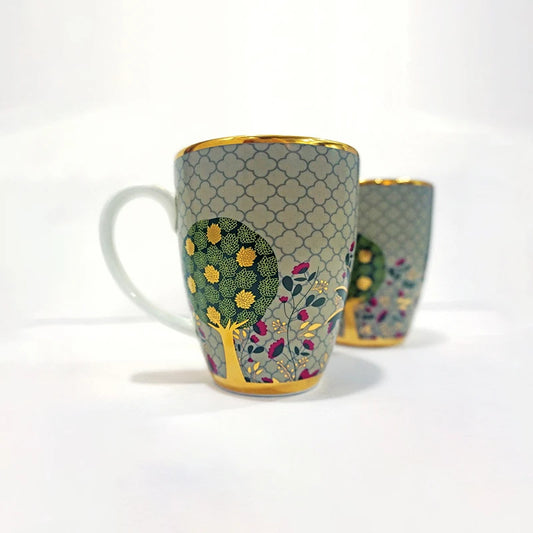 Grand Gift Box - Pichwai Coffee Mug Set (Green 4 Coffee Mug, 1 Cookie Plate & 2 Square Platter)