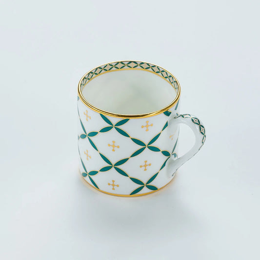 Hand decorated tea cup with green and gold