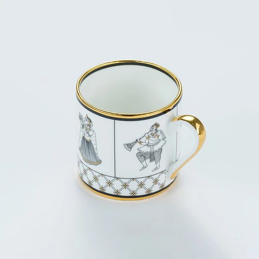 Bone china tea cup with black and gold design