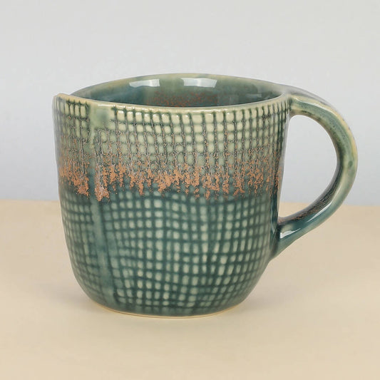 Set of 4 Teal Green Checkered Ceramic Mug (290 ml)