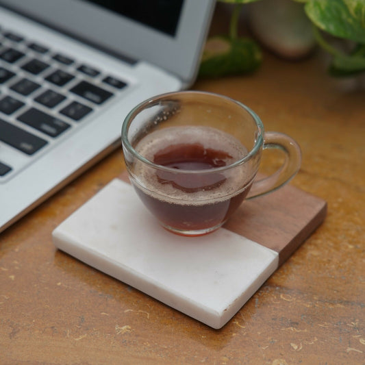 White Marble Wood Coaster for Tea Coffee Cocktail Handmade Marble Coaster for Hot & Cold Drinks for Dining Table Home and Office - Square Set of 4