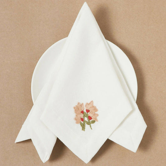 Set of 6 pcs Cream & Beige Floral Hand Embroidered Pure Cotton Table Napkin (16" x 16")